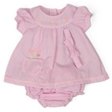 J13846: Baby Girls  Pin Stripe Flower Embroidery Dress, Pant & Headband Set (NB-6 Months)